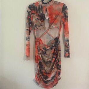 Multicolor orange, gray, Long Sleeve Sexy bodycon Artistic Dress